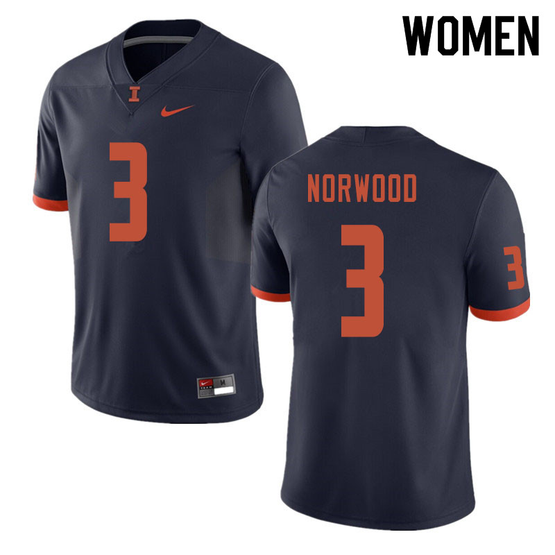Women #3 Jakari Norwood Illinois Fighting Illini College Football Jerseys Sale-Navy